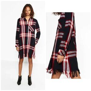 *NWT* Zara Basic Plaid Fringe Hem Stud Pocket Detail Winter Casual Dress Red
